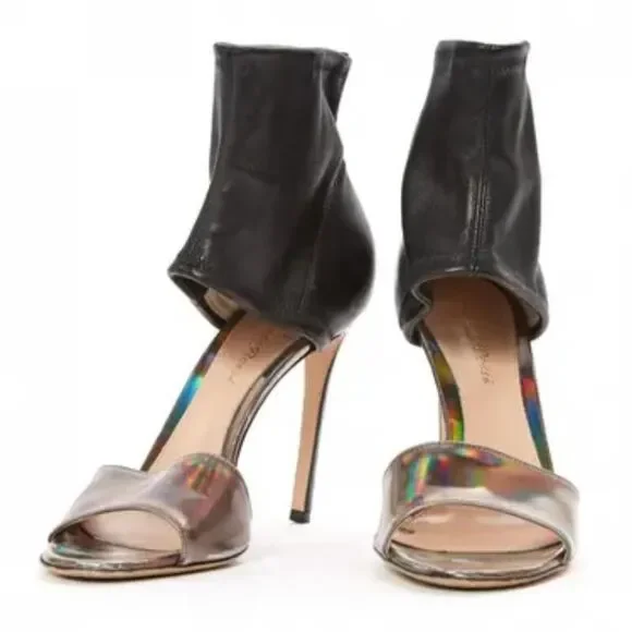 Gianvito Rossi Leather & Iridescent Heel Sandals Sz 8 Black Luxe Stiletto - Picture 2 of 16